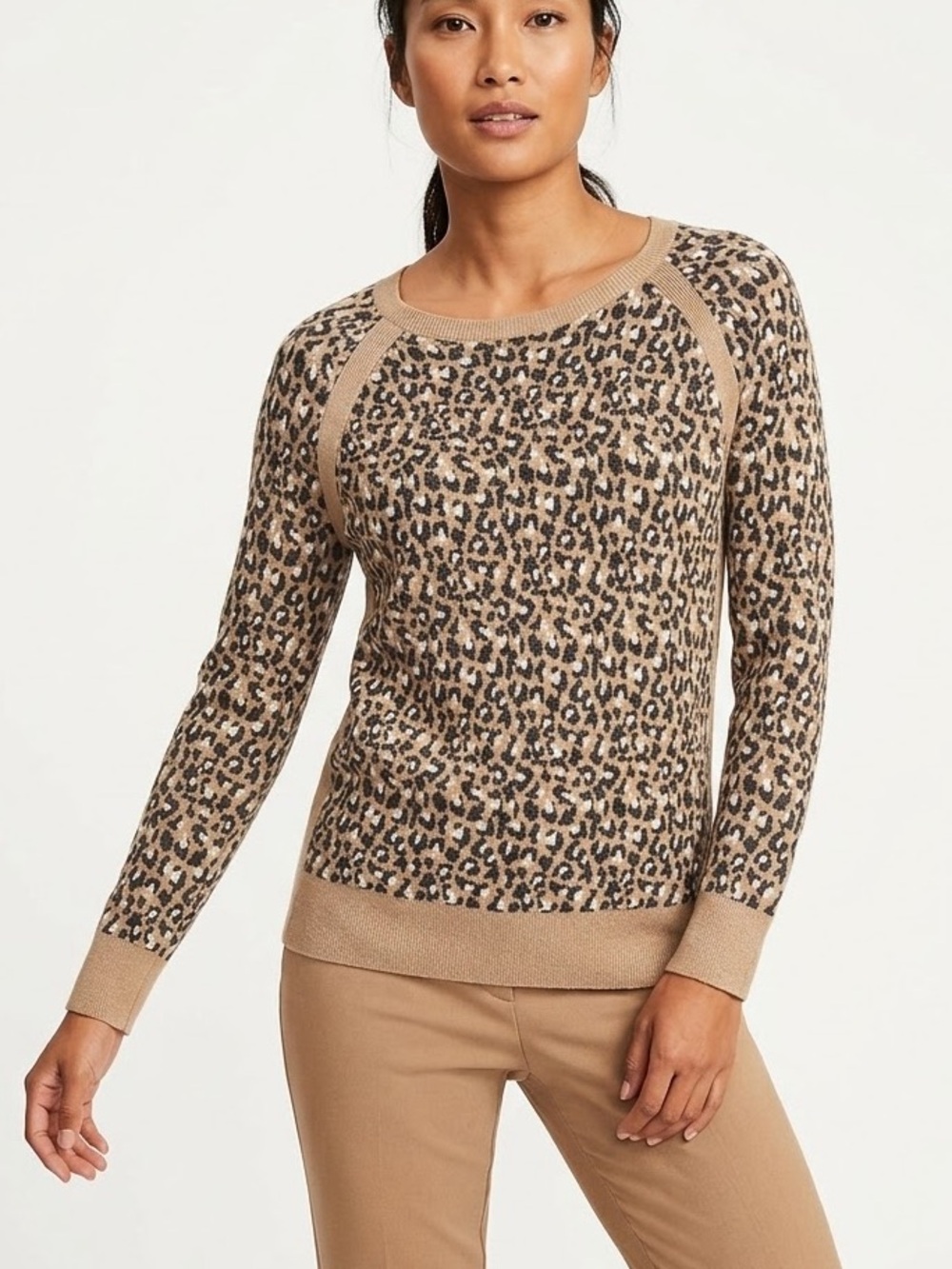 LOFT Ann Taylor Leopard Print Knit Sweater S Beige Tan Animal Raglan Wool Blend